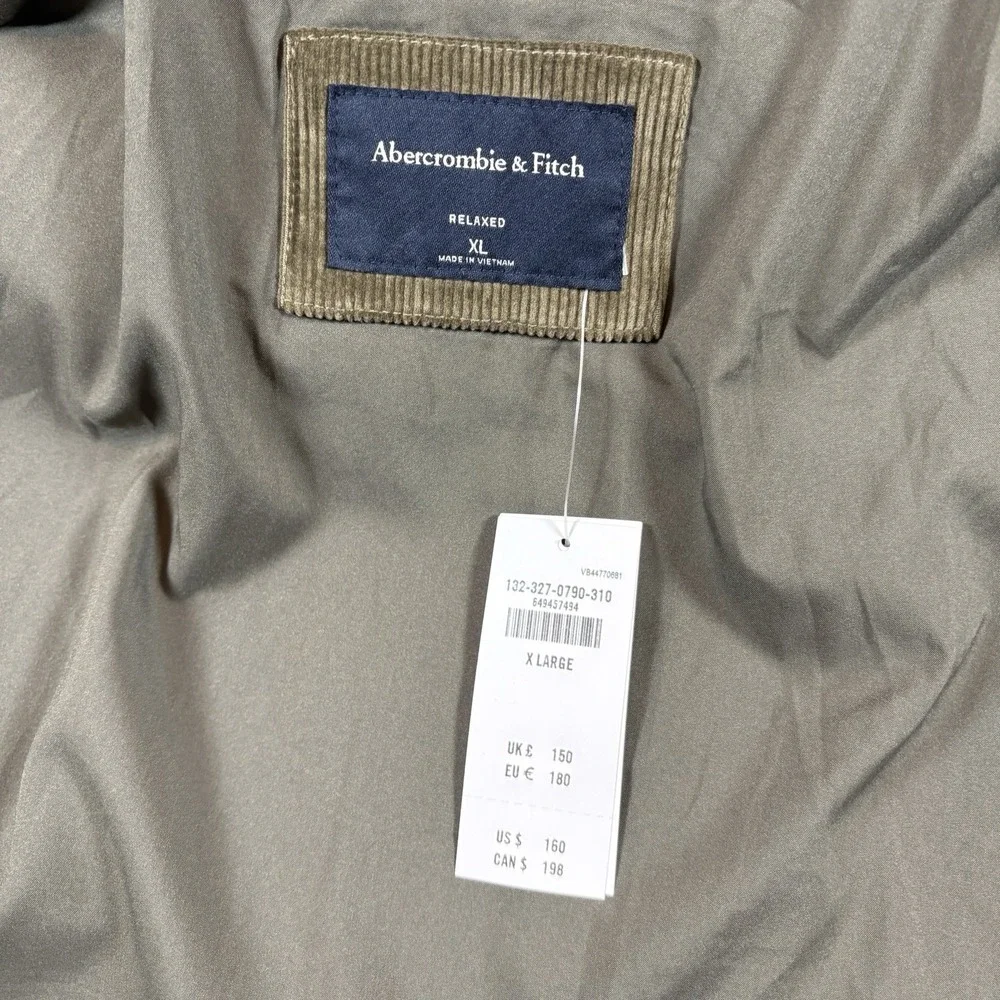 Abercrombie Fitch Corduroy Puffer Jacket Mens XL NWT Olive Brown Relaxed Coat